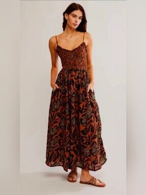 Free People Brown Floral Smocked Maxi Dress
